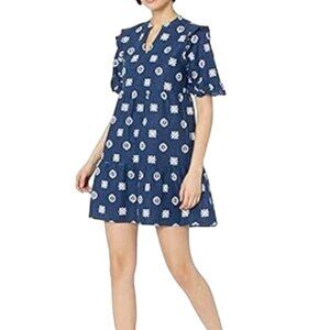 Goodthreads Dress Womens Sz M Linen Blend Mini Tiered Ruffle Blue White Pullover